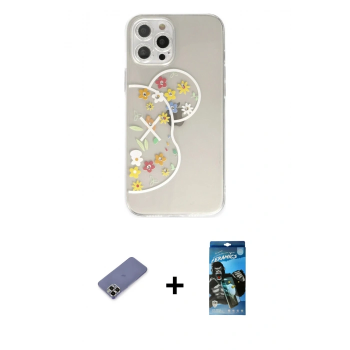 MARSİLYAN™- iPhone 12 Pro Max Kılıf Eksen Asil Prime - Siyah 34D Izgaralı Cam + Metal Kamera Lens Koruma Cam - GD