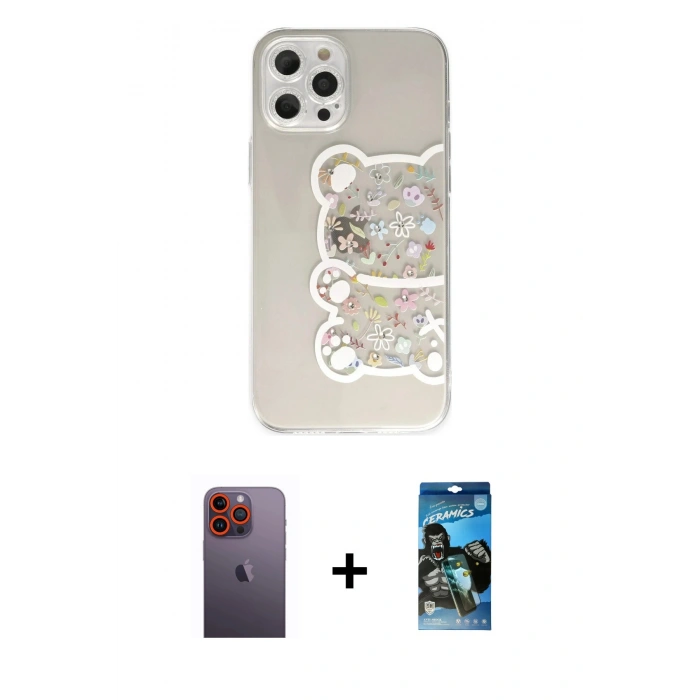 MARSİLYAN™- iPhone 12 Pro Max Kılıf Eksen Asil Prime - Siyah 34D Izgaralı Cam + Neon Fosforlu Kamera Lens - TU