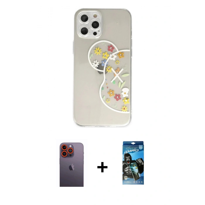MARSİLYAN™- iPhone 12 Pro Max Kılıf Eksen Asil Prime - Siyah 34D Izgaralı Cam + Neon Fosforlu Kamera Lens - TU