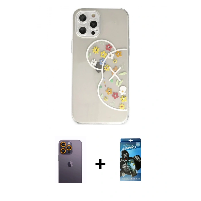 MARSİLYAN™- iPhone 12 Pro Max Kılıf Eksen Asil Prime - Siyah 34D Izgaralı Cam + Neon Fosforlu Kamera Lens - SI