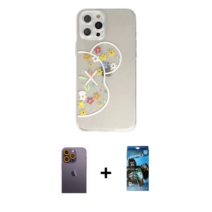 MARSİLYAN™- iPhone 12 Pro Max Kılıf Eksen Asil Prime - Siyah 34D Izgaralı Cam + Neon Fosforlu Kamera Lens - SI