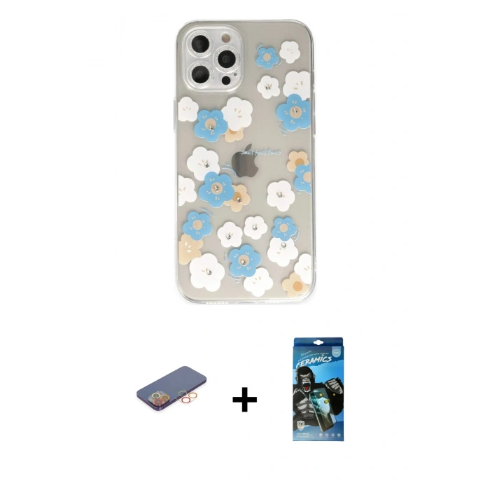 MARSİLYAN™- iPhone 12 Pro Max Kılıf Eksen Asil Prime - Siyah 34D Izgaralı Cam + Renkli Kamera Lens Koruma Cam - TU
