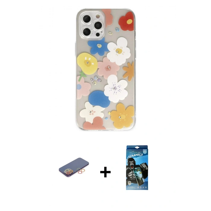MARSİLYAN™- iPhone 12 Pro Max Kılıf Eksen Asil Prime - Siyah 34D Izgaralı Cam + Renkli Kamera Lens Koruma Cam - TU