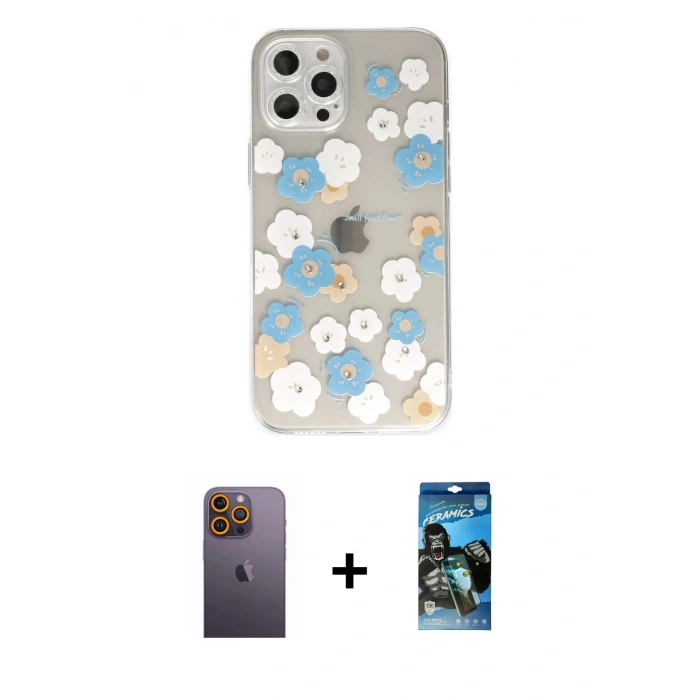 MARSİLYAN™- iPhone 12 Pro Max Kılıf Eksen Asil Prime - Siyah 34D Izgaralı Cam + Neon Fosforlu Kamera Lens - SI