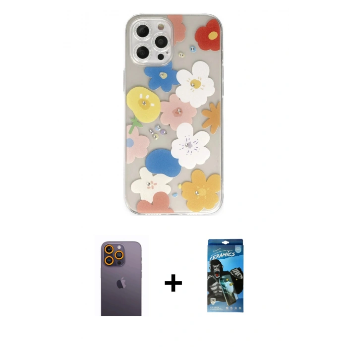 MARSİLYAN™- iPhone 12 Pro Max Kılıf Eksen Asil Prime - Siyah 34D Izgaralı Cam + Neon Fosforlu Kamera Lens - SI