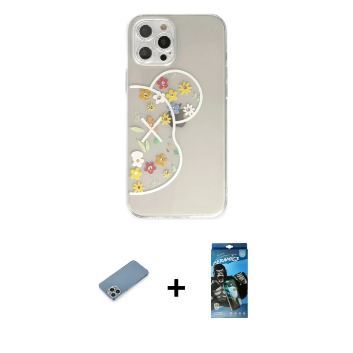 MARSİLYAN™- iPhone 12 Pro Max Kılıf Eksen Asil Prime - Siyah 34D Izgaralı Cam + Shine Kamera Lens Koruma Cam - GS