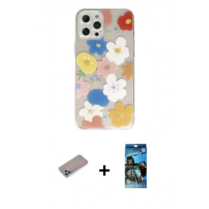 MARSİLYAN™- iPhone 12 Pro Max Kılıf Eksen Asil Prime - Siyah 34D Izgaralı Cam + Shine Kamera Lens Koruma Cam - SABE