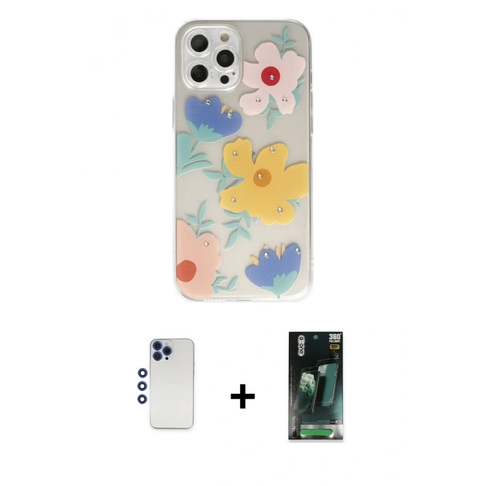 MARSİLYAN™- iPhone 12 Pro Max Kılıf Eksen Asil Prime - Siyah 360 Mat Full Body Arka Koruyucu + Lacivert Shine Kamera Lens