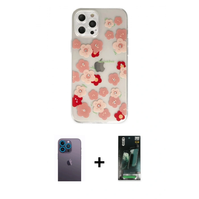 MARSİLYAN™- iPhone 12 Pro Max Kılıf Eksen Asil Prime - Siyah 360 Mat Full Body Arka Koruyucu + Neon Fosforlu Kamera Lens - MI