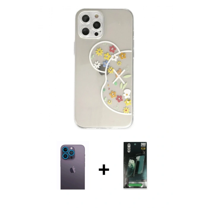 MARSİLYAN™- iPhone 12 Pro Max Kılıf Eksen Asil Prime - Siyah 360 Mat Full Body Arka Koruyucu + Neon Fosforlu Kamera Lens - MI
