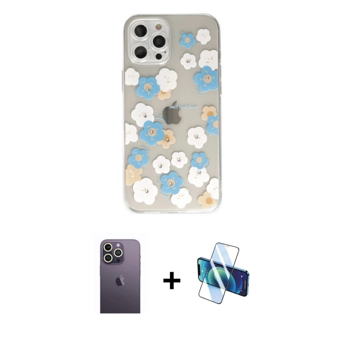 MARSİLYAN™- iPhone 12 Pro Max Kılıf Eksen Asil Prime - Siyah 3D Antistatik Cam Ekran Koruyucu + Neon Fosforlu Kamera Lens - BZ