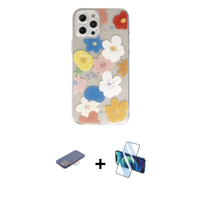 MARSİLYAN™- iPhone 12 Pro Max Kılıf Eksen Asil Prime - Siyah 3D Antistatik Cam Ekran Koruyucu + Renkli Kamera Lens Koruma Cam - PE