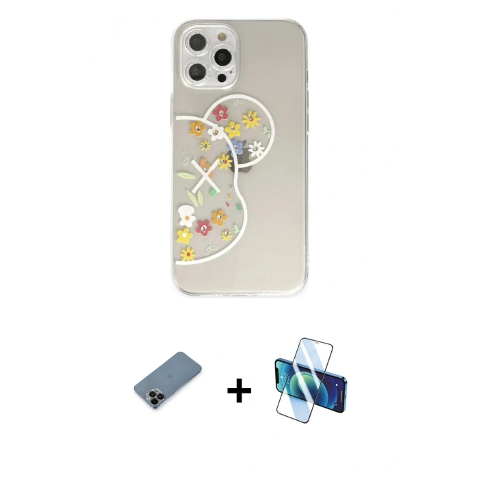 MARSİLYAN™- iPhone 12 Pro Max Kılıf Eksen Asil Prime - Siyah 3D Antistatik Cam Ekran Koruyucu + Shine Kamera Lens Koruma Cam - SH
