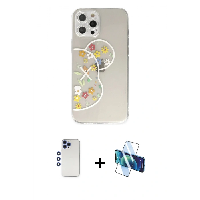 MARSİLYAN™- iPhone 12 Pro Max Kılıf Eksen Asil Prime - Siyah 3D Antistatik Cam Ekran Koruyucu + Shine Kamera Lens - LT
