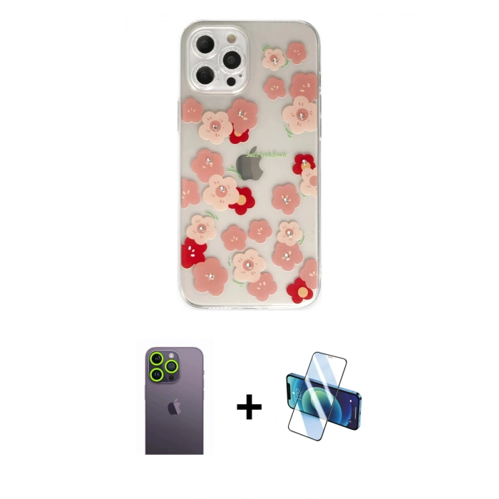 MARSİLYAN™- iPhone 12 Pro Max Kılıf Eksen Asil Prime - Siyah 3D Antistatik Cam Ekran Koruyucu + Yeşil Neon Fosforlu Kamera Lens