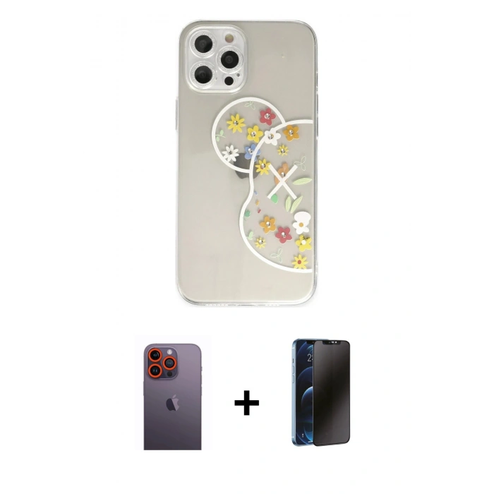 MARSİLYAN™- iPhone 12 Pro Max Kılıf Eksen Asil Prime - Siyah 3D Antistatik Hayalet Cam Ekran Koruyucu + Neon Fosforlu Kamera Lens - TU