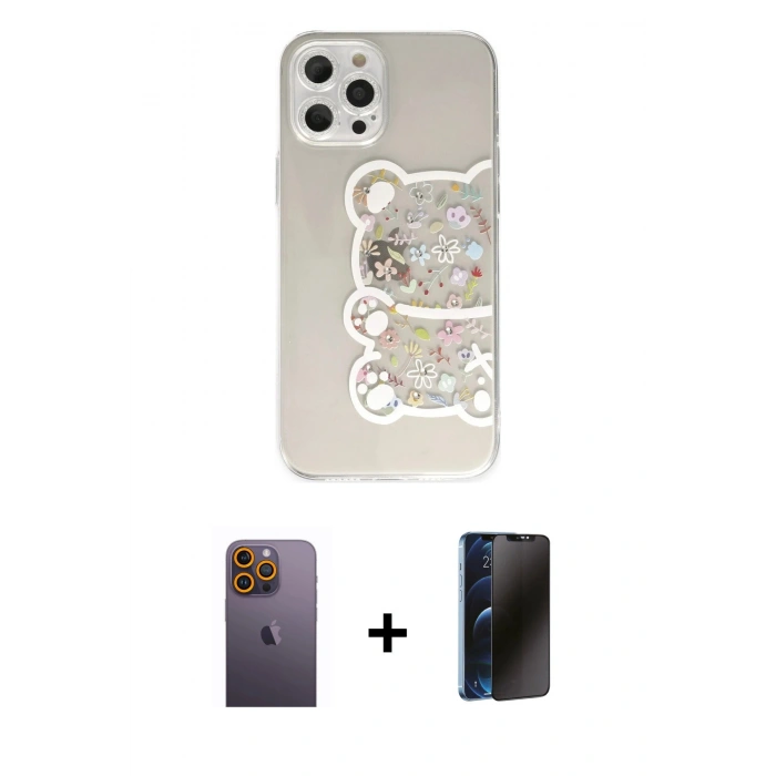 MARSİLYAN™- iPhone 12 Pro Max Kılıf Eksen Asil Prime - Siyah 3D Antistatik Hayalet Cam Ekran Koruyucu + Neon Fosforlu Kamera Lens - SI