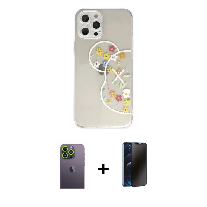 MARSİLYAN™- iPhone 12 Pro Max Kılıf Eksen Asil Prime - Siyah 3D Antistatik Hayalet Cam Ekran Koruyucu + Neon Fosforlu Kamera Lens - YL