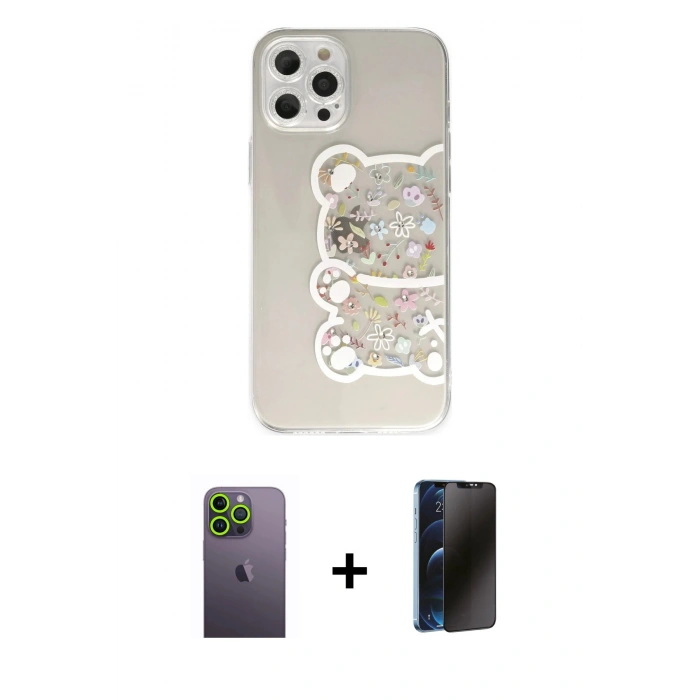 MARSİLYAN™- iPhone 12 Pro Max Kılıf Eksen Asil Prime - Siyah 3D Antistatik Hayalet Cam Ekran Koruyucu + Neon Fosforlu Kamera Lens - YL