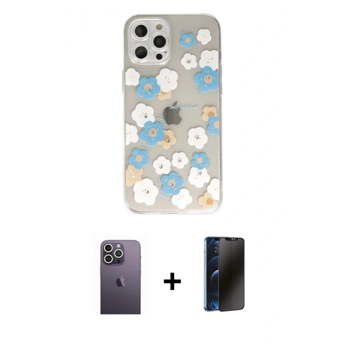 MARSİLYAN™- iPhone 12 Pro Max Kılıf Eksen Asil Prime - Siyah 3D Antistatik Hayalet Cam Ekran Koruyucu + Neon Fosforlu Kamera Lens - BZ