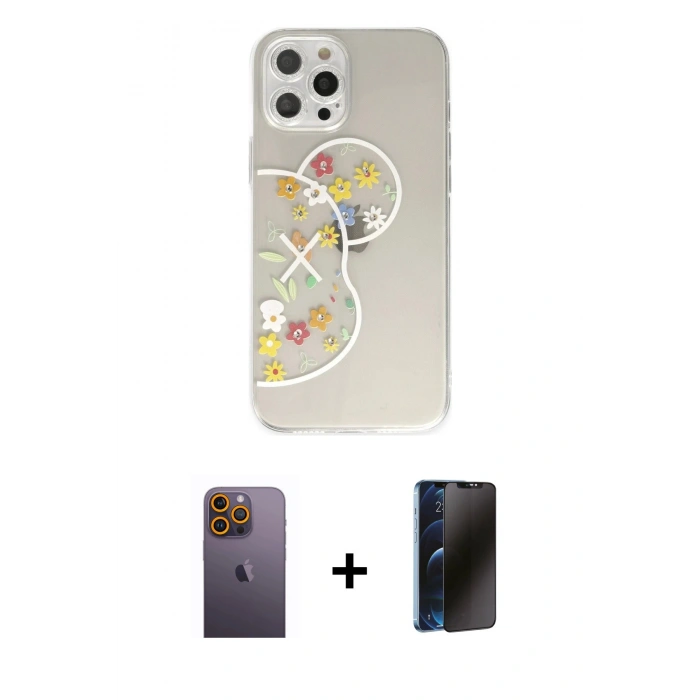 MARSİLYAN™- iPhone 12 Pro Max Kılıf Eksen Asil Prime - Siyah 3D Antistatik Hayalet Cam Ekran Koruyucu + Neon Fosforlu Kamera Lens - SI