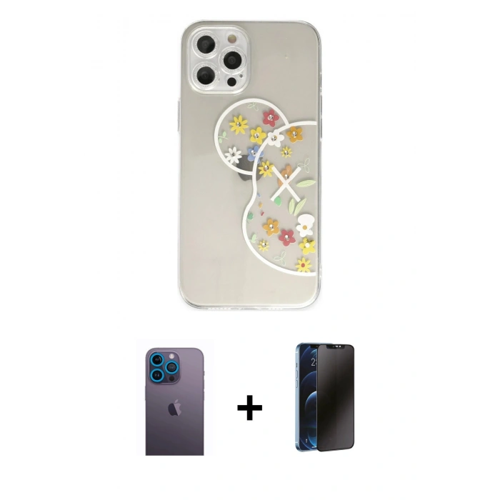 MARSİLYAN™- iPhone 12 Pro Max Kılıf Eksen Asil Prime - Siyah 3D Antistatik Hayalet Cam Ekran Koruyucu + Neon Fosforlu Kamera Lens - MI
