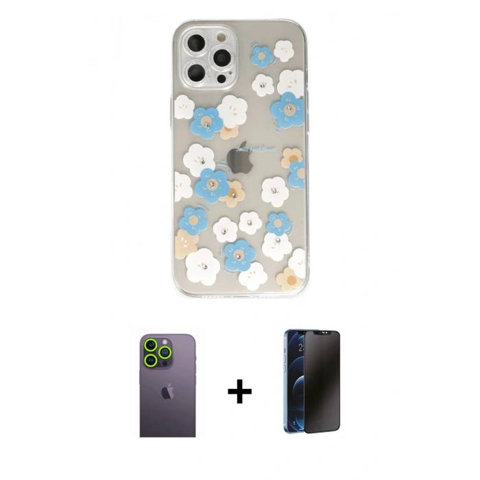MARSİLYAN™- iPhone 12 Pro Max Kılıf Eksen Asil Prime - Siyah 3D Antistatik Hayalet Cam Ekran Koruyucu + Neon Fosforlu Kamera Lens - YL