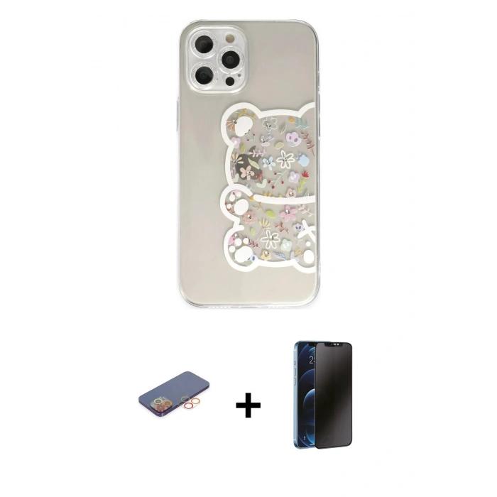 MARSİLYAN™- iPhone 12 Pro Max Kılıf Eksen Asil Prime - Siyah 3D Antistatik Hayalet Cam Ekran Koruyucu + Renkli Kamera Lens Koruma Cam - TU