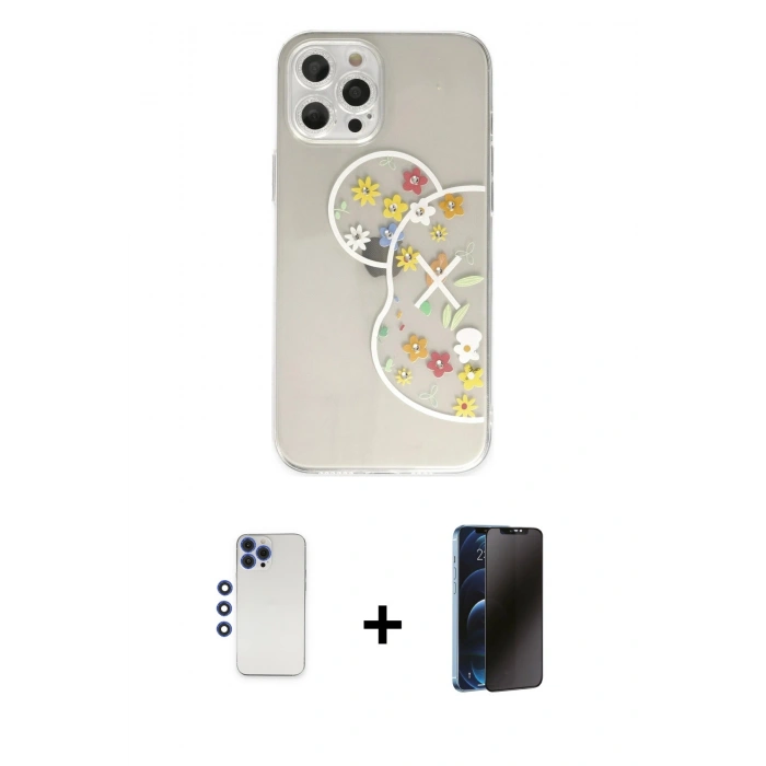 MARSİLYAN™- iPhone 12 Pro Max Kılıf Eksen Asil Prime - Siyah 3D Antistatik Hayalet Cam Ekran Koruyucu + Shine Kamera Lens - LT