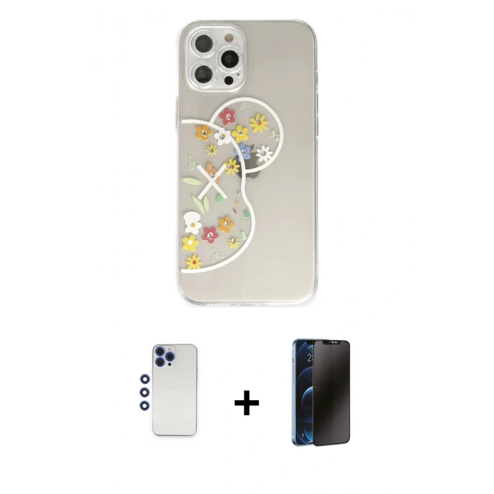 MARSİLYAN™- iPhone 12 Pro Max Kılıf Eksen Asil Prime - Siyah 3D Antistatik Hayalet Cam Ekran Koruyucu + Shine Kamera Lens - LT
