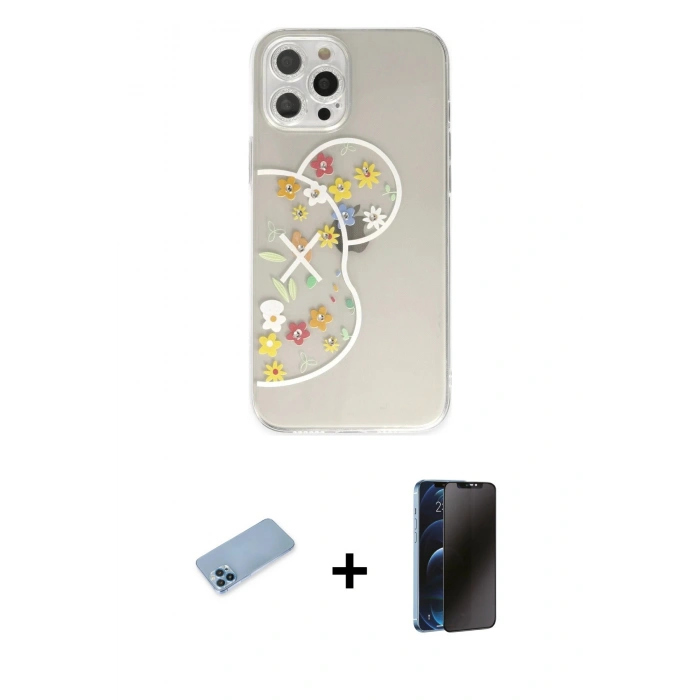 MARSİLYAN™- iPhone 12 Pro Max Kılıf Eksen Asil Prime - Siyah 3D Antistatik Hayalet Cam Ekran Koruyucu + Shine Kamera Lens Koruma Cam - MI