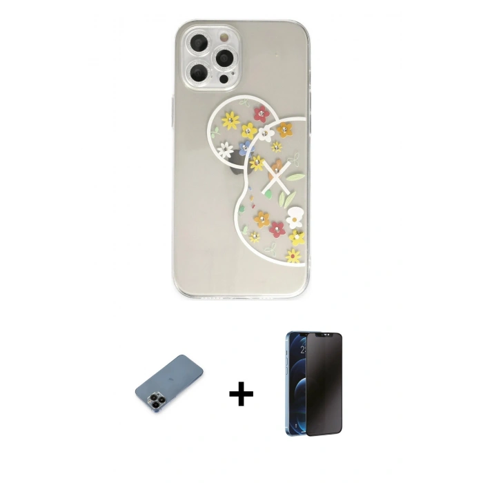 MARSİLYAN™- iPhone 12 Pro Max Kılıf Eksen Asil Prime - Siyah 3D Antistatik Hayalet Cam Ekran Koruyucu + Shine Kamera Lens Koruma Cam - SH