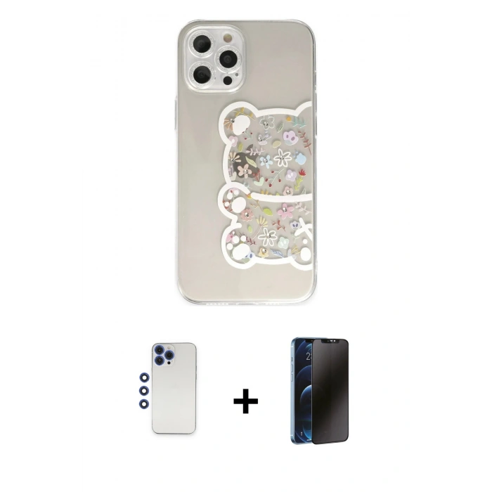MARSİLYAN™- iPhone 12 Pro Max Kılıf Eksen Asil Prime - Siyah 3D Antistatik Hayalet Cam Ekran Koruyucu + Shine Kamera Lens - LT
