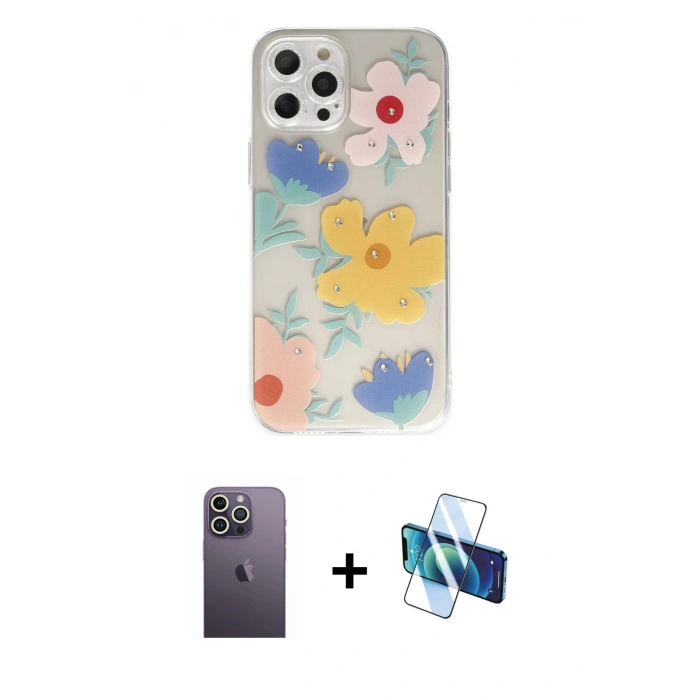 MARSİLYAN™- iPhone 12 Pro Max Kılıf Eksen Asil Prime - Siyah 3D Antistatik Seramik Nano Ekran Koruyucu + Neon Fosforlu Kamera Lens - BZ