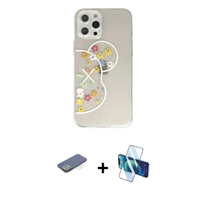MARSİLYAN™- iPhone 12 Pro Max Kılıf Eksen Asil Prime - Siyah 3D Antistatik Seramik Nano Ekran Koruyucu + Renkli Kamera Lens Koruma Cam - YL