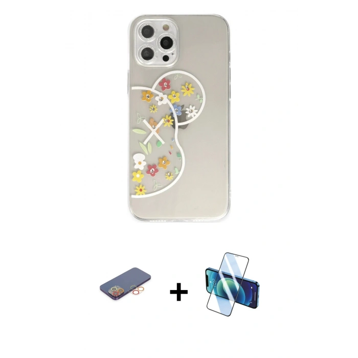 MARSİLYAN™- iPhone 12 Pro Max Kılıf Eksen Asil Prime - Siyah 3D Antistatik Seramik Nano Ekran Koruyucu + Renkli Kamera Lens Koruma Cam - TU