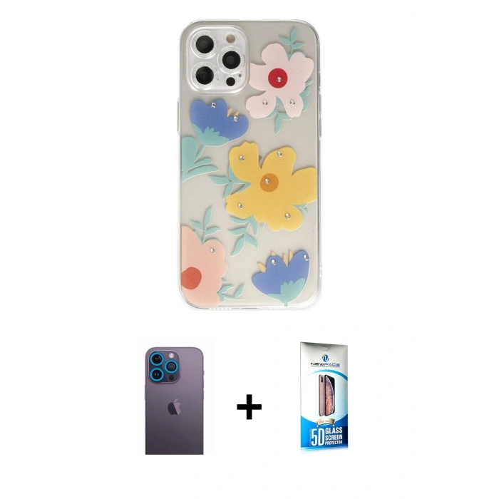 MARSİLYAN™- iPhone 12 Pro Max Kılıf Eksen Asil Prime - Siyah 5D Eko Cam Ekran Koruyucu + Neon Fosforlu Kamera Lens - MI