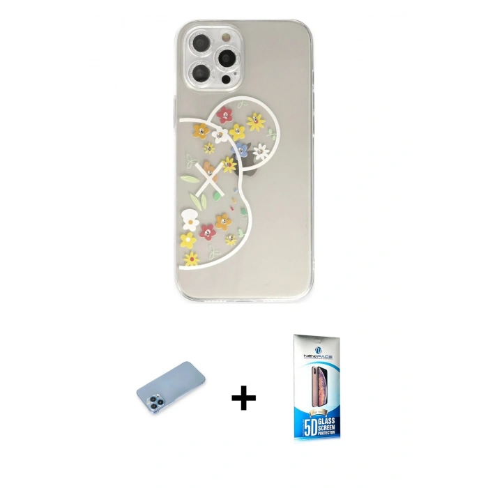 MARSİLYAN™- iPhone 12 Pro Max Kılıf Eksen Asil Prime - Siyah 5D Eko Cam Ekran Koruyucu + Mavi Shine Kamera Lens Koruma Cam