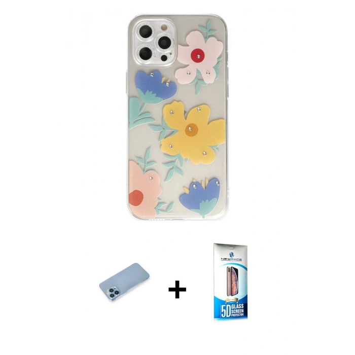 MARSİLYAN™- iPhone 12 Pro Max Kılıf Eksen Asil Prime - Siyah 5D Eko Cam Ekran Koruyucu + Mavi Shine Kamera Lens Koruma Cam