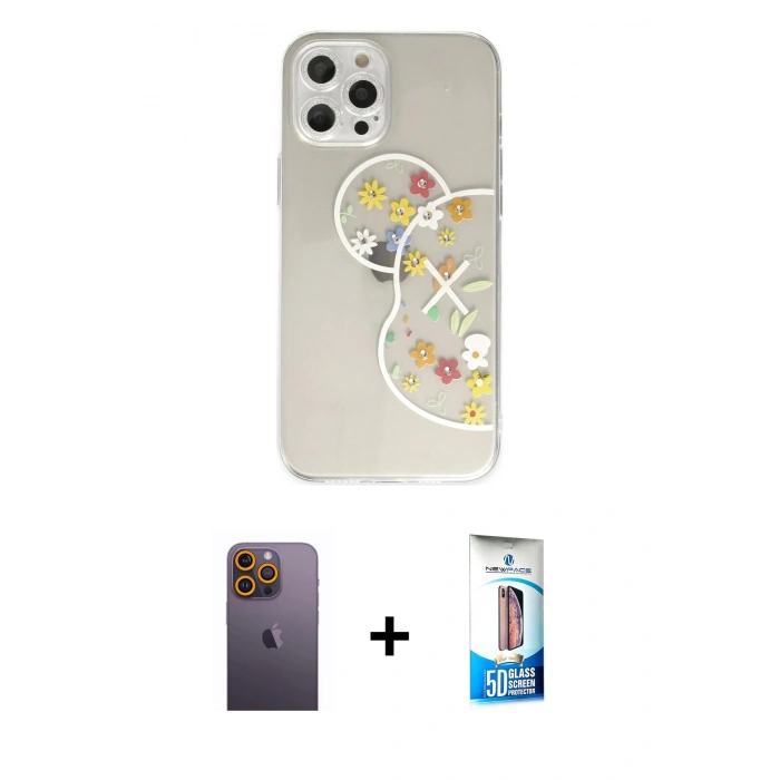 MARSİLYAN™- iPhone 12 Pro Max Kılıf Eksen Asil Prime - Siyah 5D Eko Cam Ekran Koruyucu + Neon Fosforlu Kamera Lens - SI