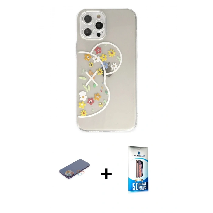 MARSİLYAN™- iPhone 12 Pro Max Kılıf Eksen Asil Prime - Siyah 5D Eko Cam Ekran Koruyucu + Pembe Renkli Kamera Lens Koruma Cam