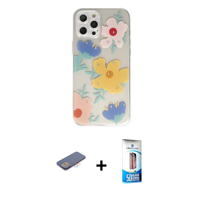 MARSİLYAN™- iPhone 12 Pro Max Kılıf Eksen Asil Prime - Siyah 5D Eko Cam Ekran Koruyucu + Pembe Renkli Kamera Lens Koruma Cam