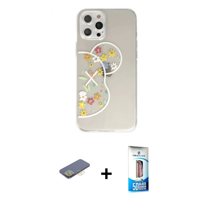 MARSİLYAN™- iPhone 12 Pro Max Kılıf Eksen Asil Prime - Siyah 5D Eko Cam Ekran Koruyucu + Renkli Kamera Lens Koruma Cam - SI
