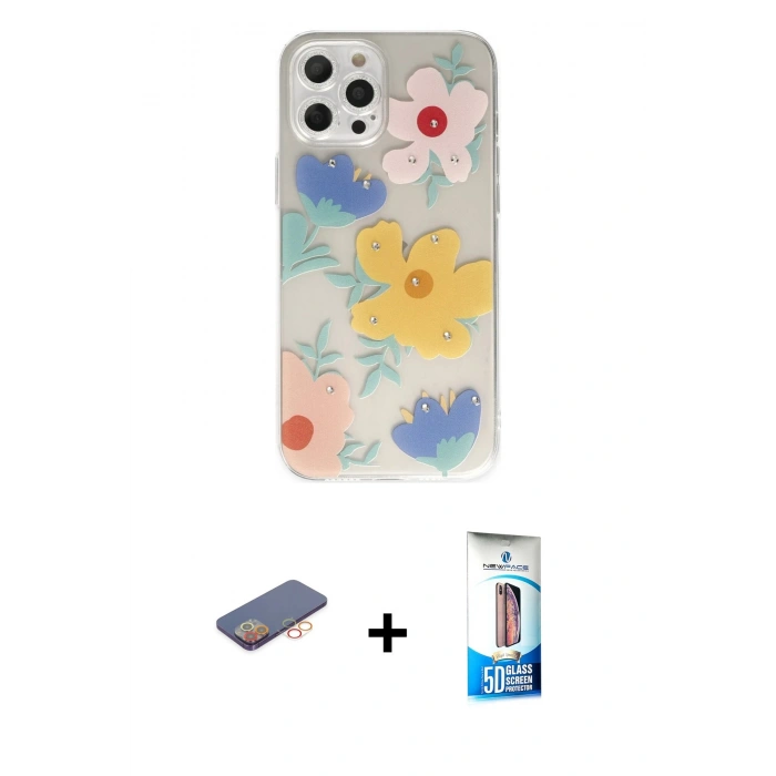 MARSİLYAN™- iPhone 12 Pro Max Kılıf Eksen Asil Prime - Siyah 5D Eko Cam Ekran Koruyucu + Turuncu Renkli Kamera Lens Koruma Cam