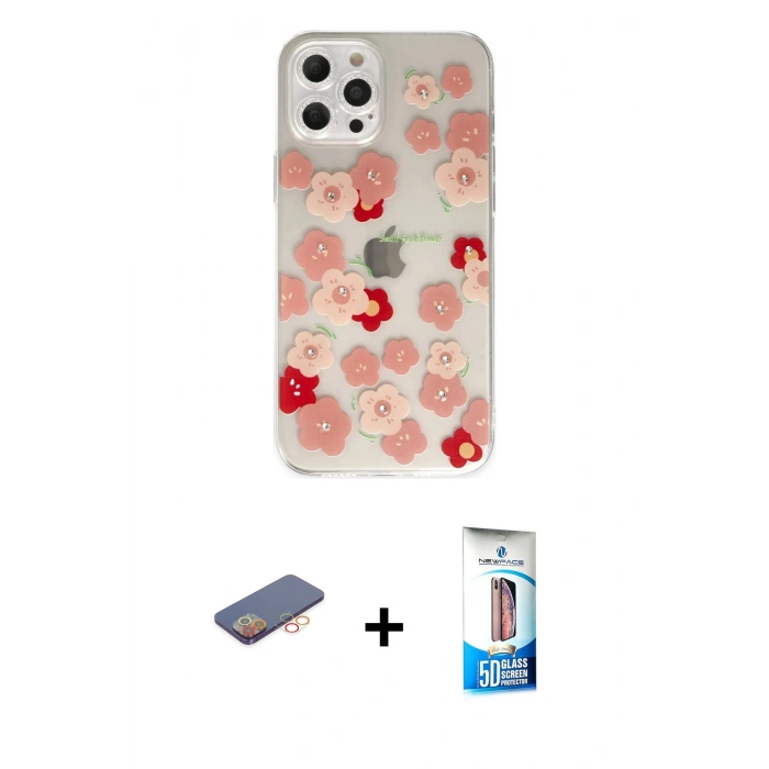 MARSİLYAN™- iPhone 12 Pro Max Kılıf Eksen Asil Prime - Siyah 5D Eko Cam Ekran Koruyucu + Turuncu Renkli Kamera Lens Koruma Cam
