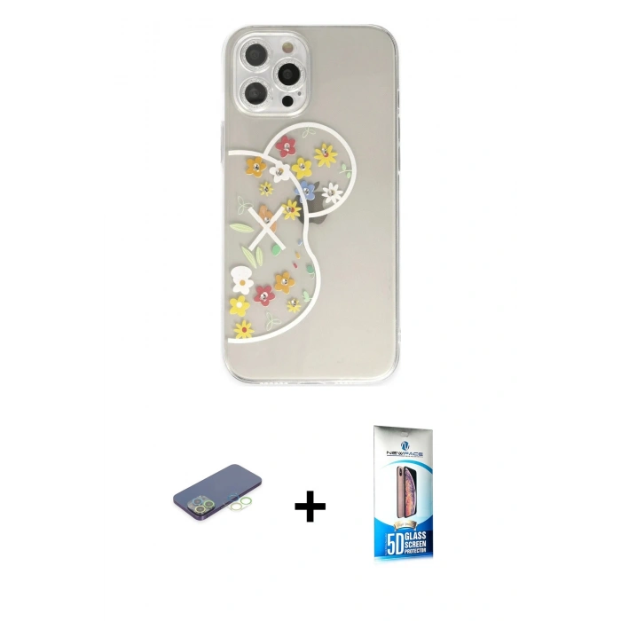 MARSİLYAN™- iPhone 12 Pro Max Kılıf Eksen Asil Prime - Siyah 5D Eko Cam Ekran Koruyucu + Renkli Kamera Lens Koruma Cam - YL