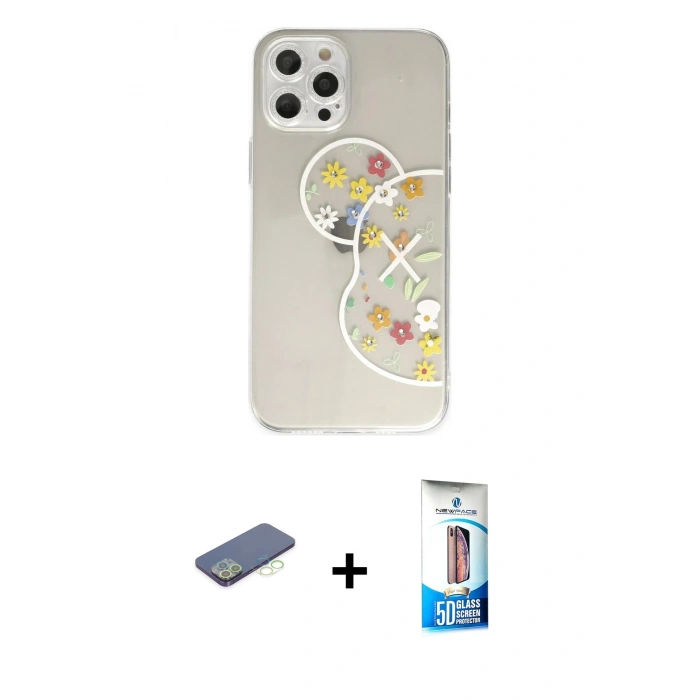 MARSİLYAN™- iPhone 12 Pro Max Kılıf Eksen Asil Prime - Siyah 5D Eko Cam Ekran Koruyucu + Renkli Kamera Lens Koruma Cam - YL