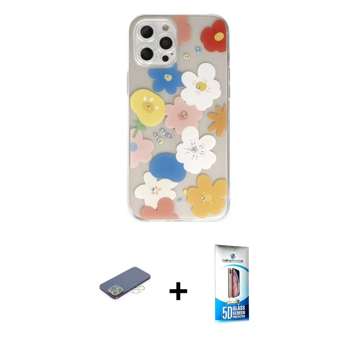 MARSİLYAN™- iPhone 12 Pro Max Kılıf Eksen Asil Prime - Siyah 5D Eko Cam Ekran Koruyucu + Renkli Kamera Lens Koruma Cam - YL