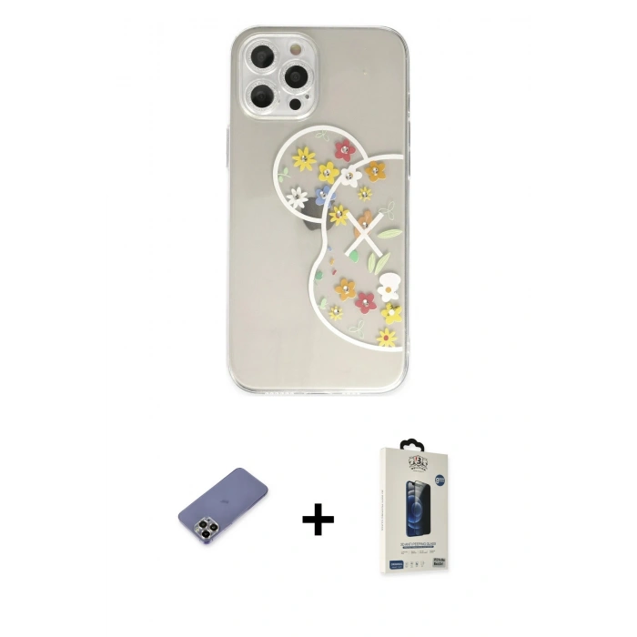MARSİLYAN™- iPhone 12 Pro Max Kılıf Eksen Asil Prime - Siyah Bilvis Hayalet Cam Ekran Koruyucu + Metal Kamera Lens Koruma Cam - GD