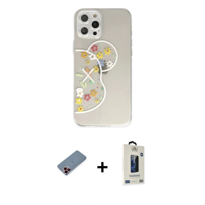 MARSİLYAN™- iPhone 12 Pro Max Kılıf Eksen Asil Prime - Siyah Bilvis Hayalet Cam Ekran Koruyucu + Metal Kamera Lens Koruma Cam - KI